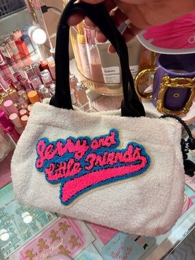 White Sherpa Tote with Pink & Blue Patch - Women Bags